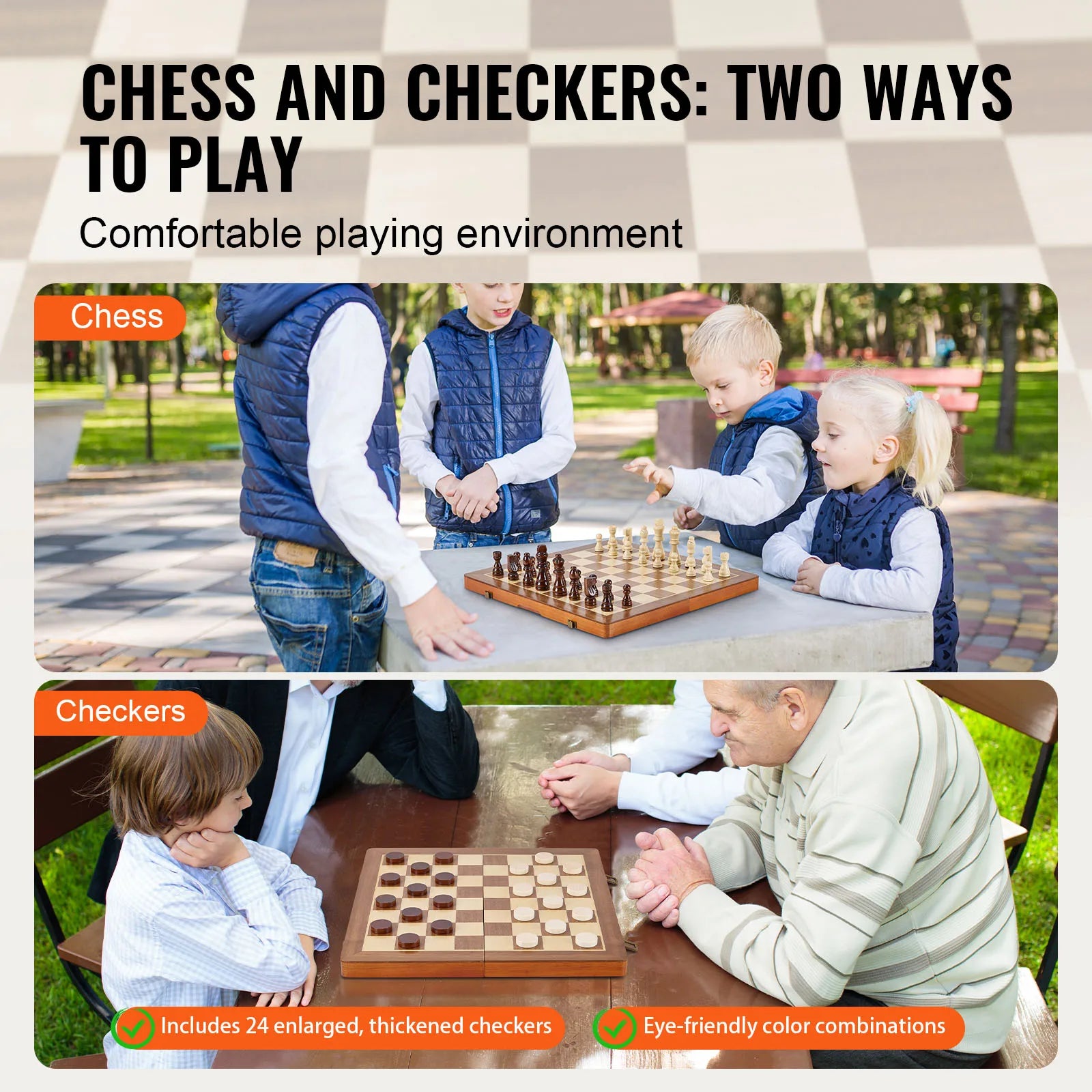 VEVOR 15inch Magnetic Wooden Chess Set 2-IN-1 Chess Checkers Game Set Folding Chess Board Games for Adults Kids 2 Queens Port