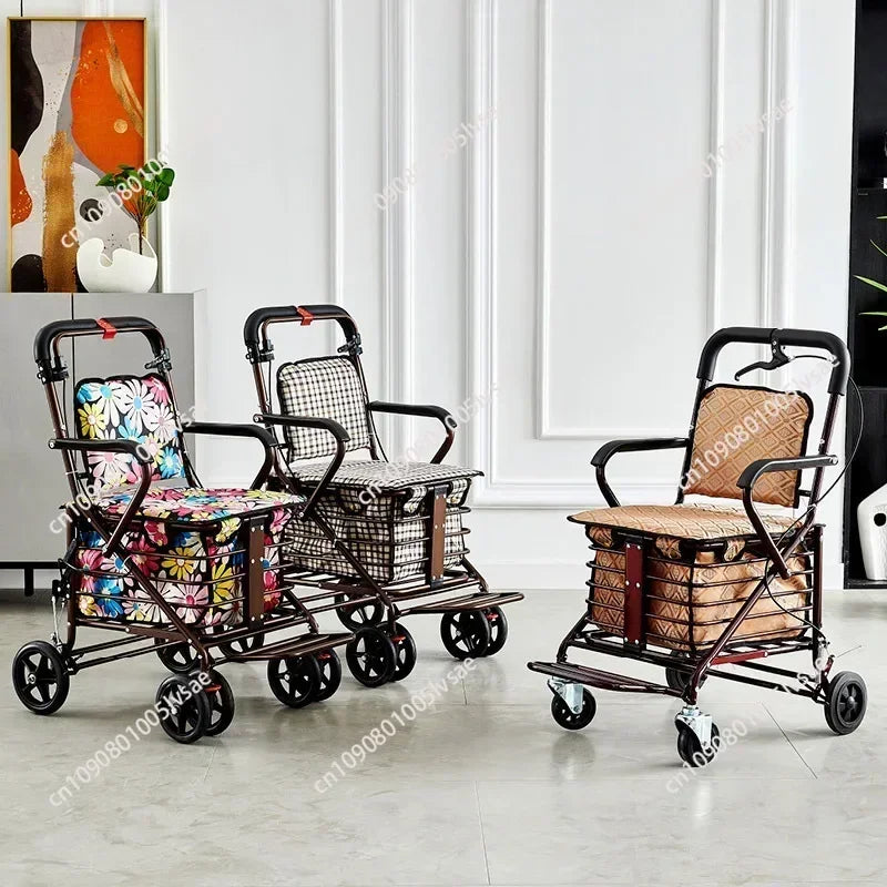 Pushable and seated elderly help cart, elderly walker, elderly help trolley folding shopping cart