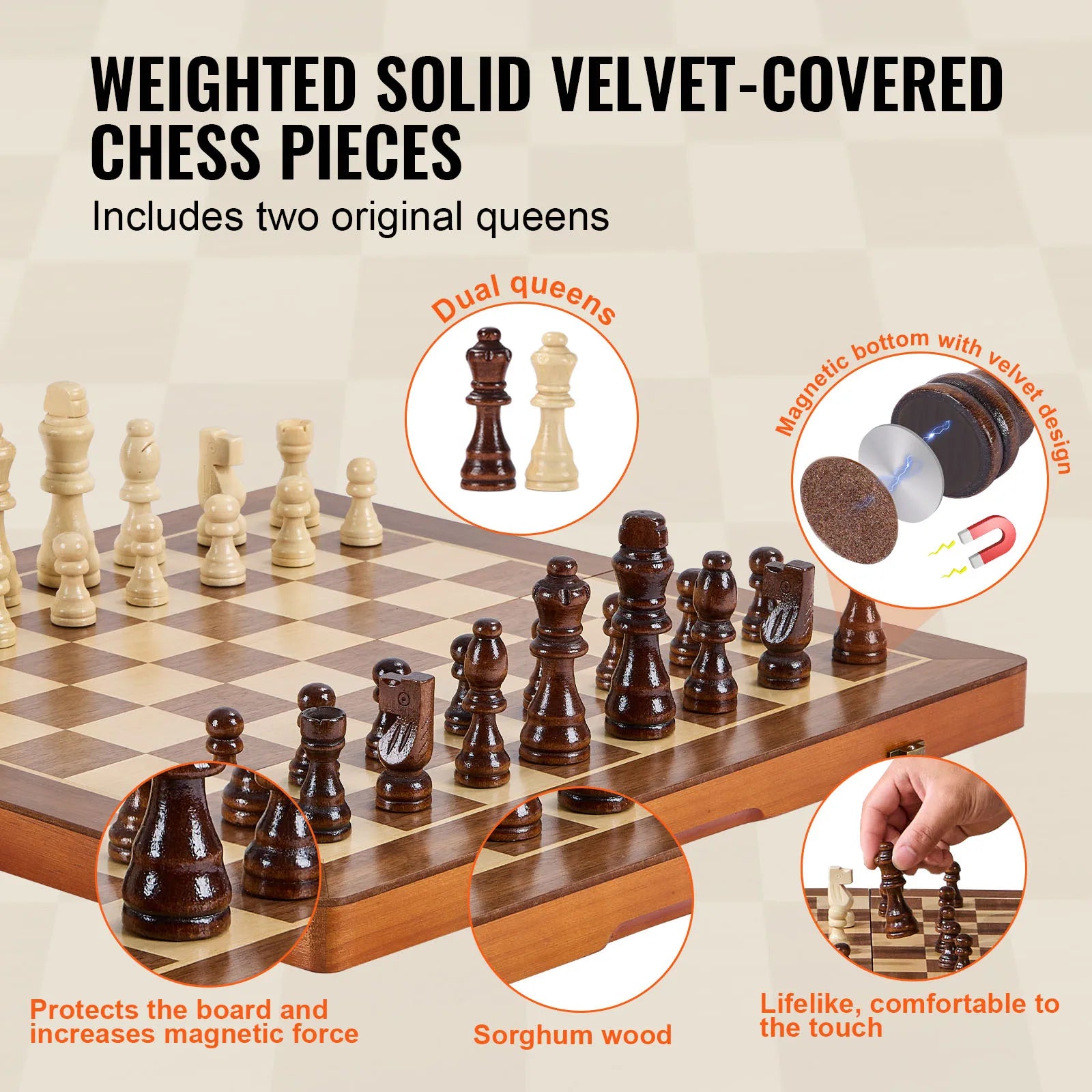 VEVOR 15inch Magnetic Wooden Chess Set 2-IN-1 Chess Checkers Game Set Folding Chess Board Games for Adults Kids 2 Queens Port