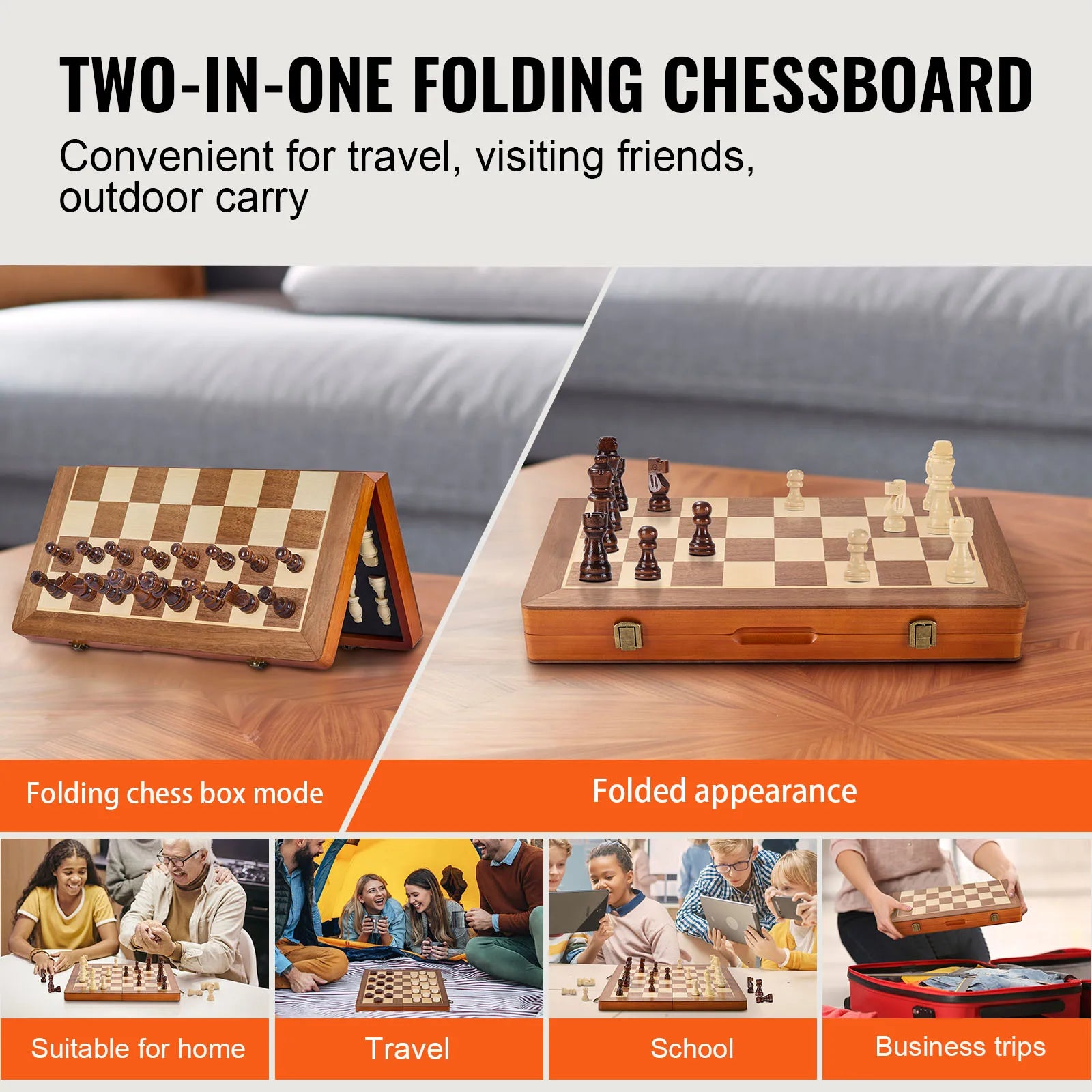 VEVOR 15inch Magnetic Wooden Chess Set 2-IN-1 Chess Checkers Game Set Folding Chess Board Games for Adults Kids 2 Queens Port